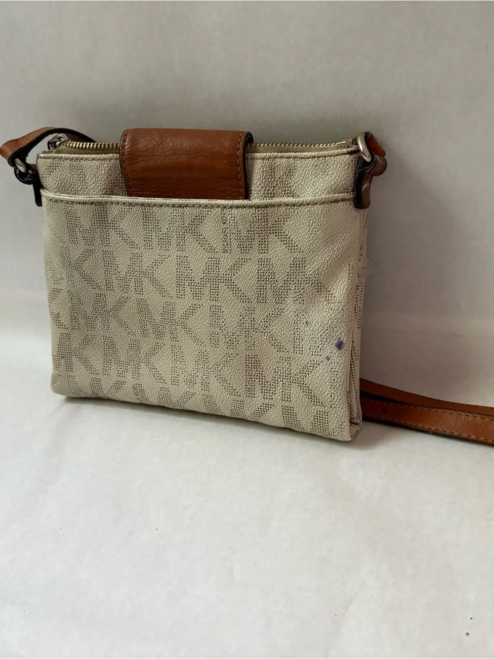 Michael Kors Beige & Brown Leather MK Crossbody purse